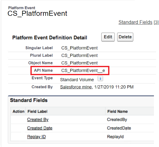 The image shows a Salesforce custom platform event named CS_Platform_e. 
						  