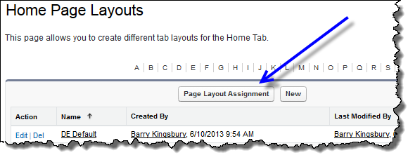 Home Page Layouts area, pointing to "Page Layout Assignment" 
			 