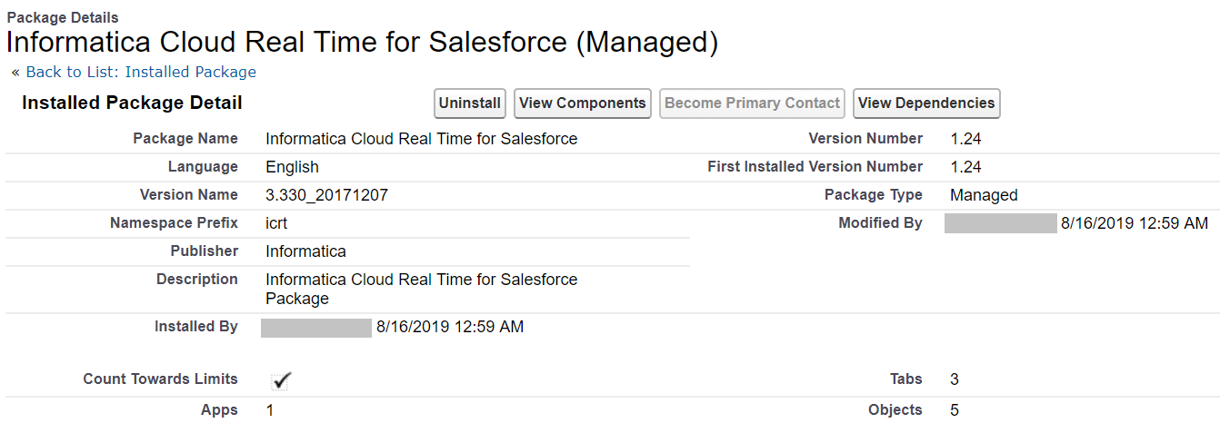 The image shows details of the Salesforce managed package with the option to uninstall the package.
				