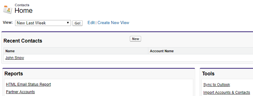 This image shows the Home page of the Contact Salesforce object. One contact is visible under the Recent Contacts list. 
				  