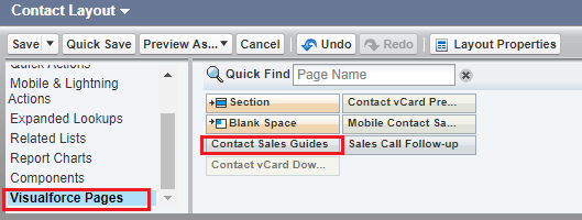 This image shows the Contact Layout page. Visualforce Pages is selected and you have the option to add sections or guides. 
				  