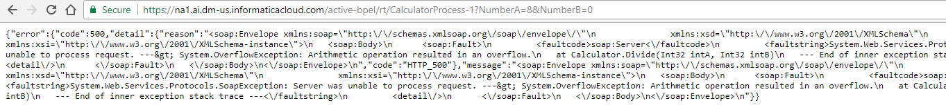 This image shows a browser with an HTTPS 500 error response. There no values for Sum, Difference, or Product. 
				  