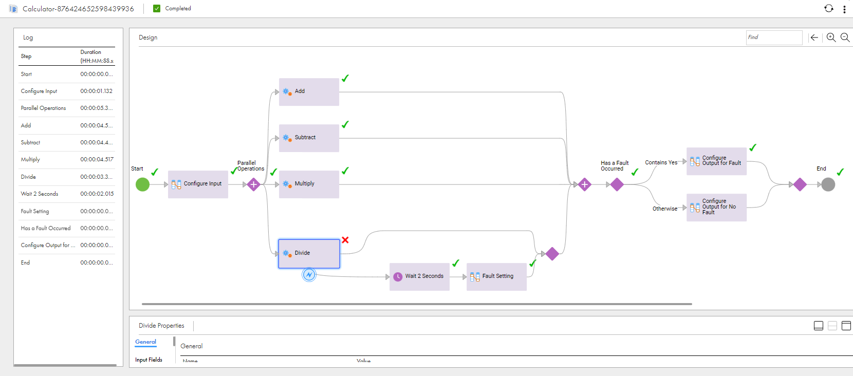 This image shows the Process View Detail page of the process instance. The Divide Service step has faulted, but all other steps are succesful. 
				  