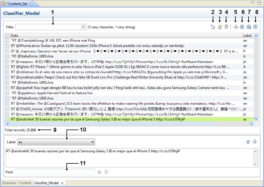 The classifier model contains data rows in multiple languages from a consumer technology twitter feed. The model shows the reference data values and the label values in parallel columns. The model includes options to add reference data, to add labels, and to compile the model. 
		  