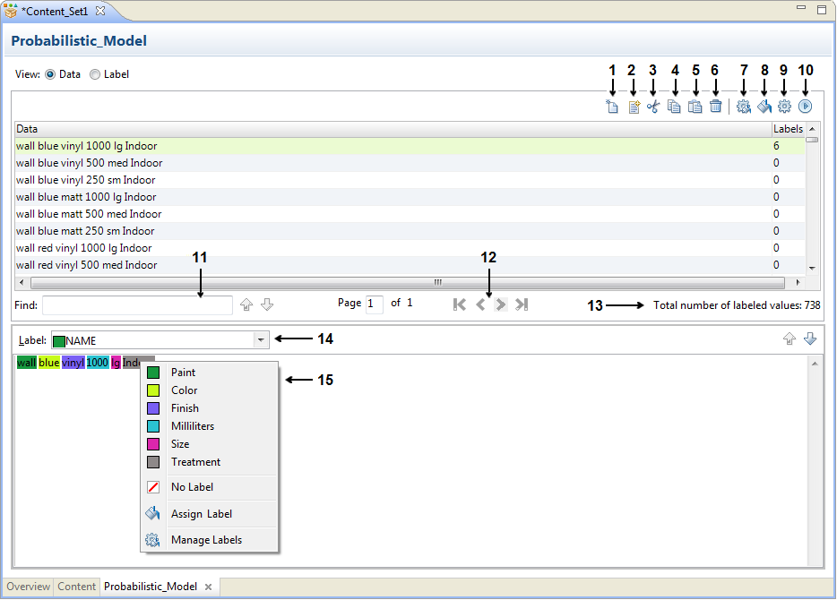 The Data view shows the data rows in a single column and shows the number of labels for each row in a parallel column. The Data view also includes options to add labels and data rows and to compile the model. 
		  