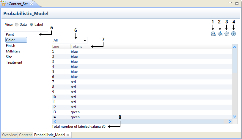 The Label view shows the labels in the probabilistic model and lists the reference data values that use each label. The Label view also includes options to add labels to the model, to assign labels to reference data values, and to compile the model. 
		  