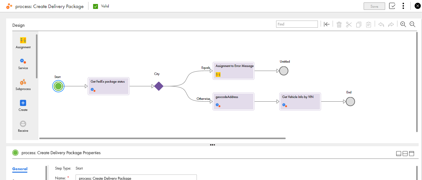 This image shows Process Designer. The Create Delivery Package process is open and editable. 
		  