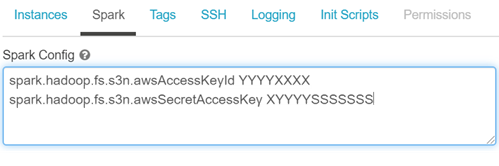 The image shows a text entry pane under the Spark tab. Under "Spark Config," two key pairs have been entered.