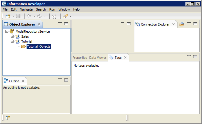 The Developer tool shows multiple views. The Object Explorer view shows the Tutorial_Objects folder in the Tutorial project. The other views contain no objects. 
				  