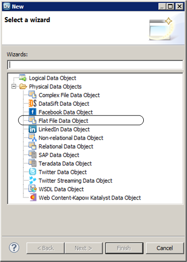 The wizard shows the different types of data objects that you can create. It lists logical data object and multiple types of physical data objects, such as flat file, relational, and SAP. 
				  