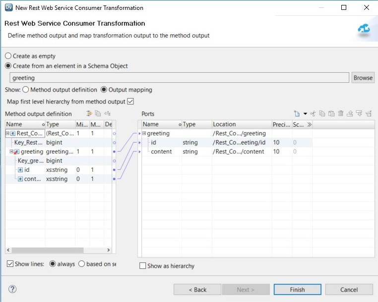 This image shows a sample output mapping. The Method output definition area is on the left and the Ports area is on the right. The elements in the Method output definition area are mapped to corresponding elements in the Ports area. The key in the Method output definition area is not mapped to the Ports area. 
					 