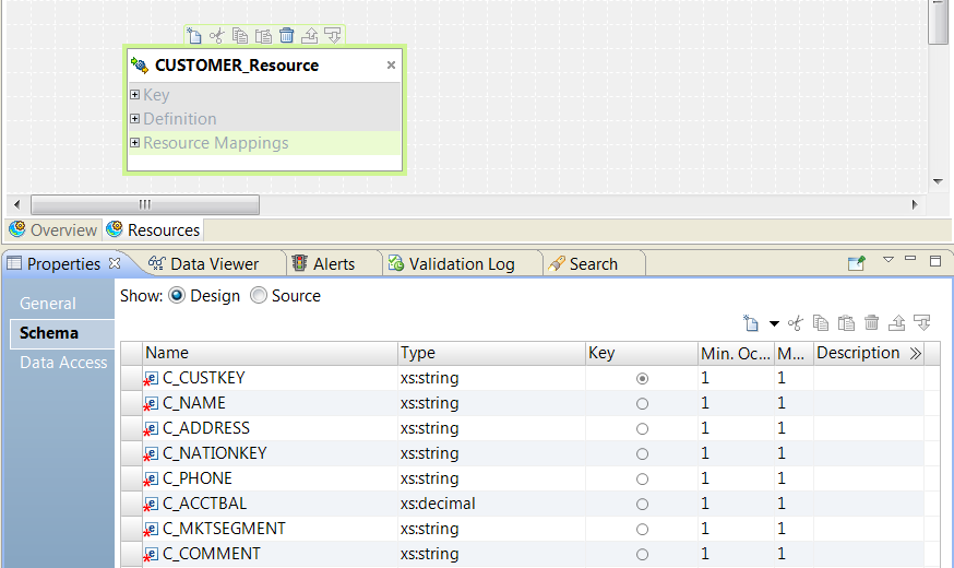 The Resources tab shows a Customer_Resource in the editing canvas. The Schema view is a Property for the resouce. The Design option is selected. The Schema view shows a list of elements in the Customer_Resource. 
			 