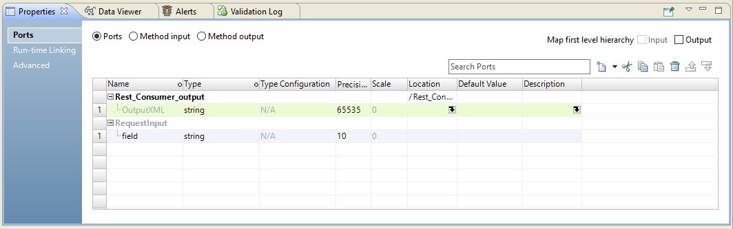 This image shows that after you create an Output XML port, the port is nested under the transformation output group. 
				  