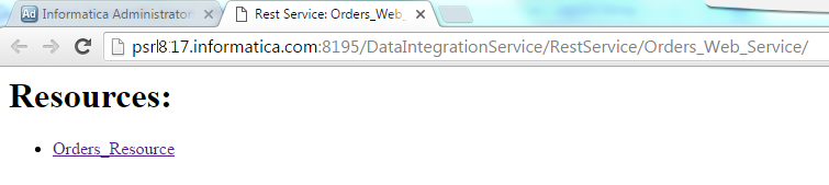 The image shows the web service URL in a web browser. The browser shows an Orders_Resource link. 
					 