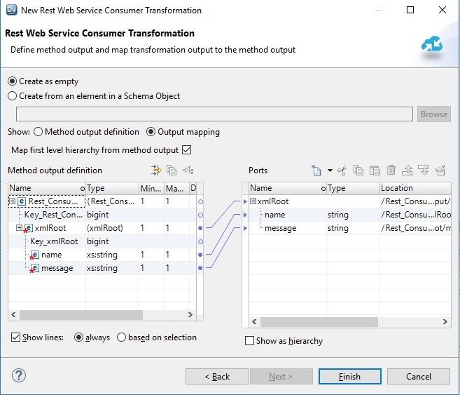 This image shows a sample output mapping. The elements in the Method output definition area are linked to the elements in the Ports area. 
				  