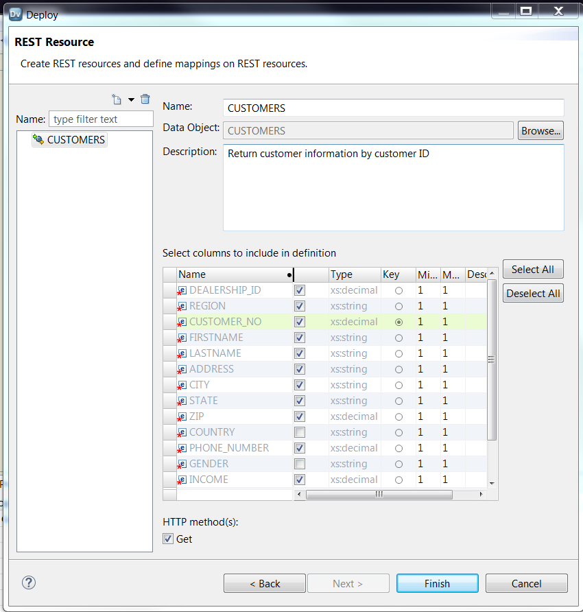 The Rest Resource dialog box shows a list of resources in the left panel. It shows a list of columns to include in the resource definition in the right panel. All columns must be included for the default mapping.,
					 