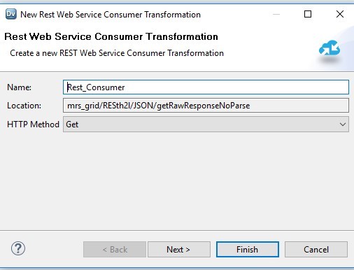 This screenshot shows the wizard for the REST Web Service Consumer transformation. In the dialog box, you can specify a name for the transformation, a location, and the HTTP method. 
				  