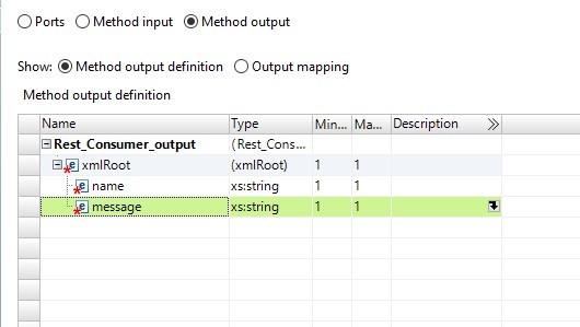 This image shows a sample method output definition. In this example, the parent element is xmlRoot. The child elements are name and message. 
				  