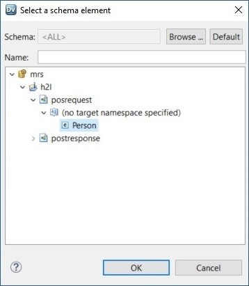 This image shows the dialog box that prompts you to select a schema element. It shows the schema object stored in the Model repository and the parent element in the schema object. The parent element for this schema object is Person. 
					 