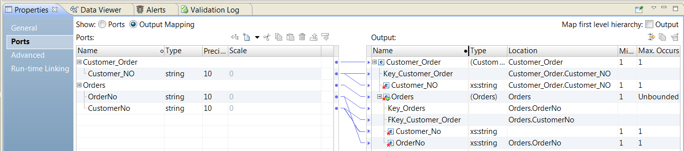 The input ports include a Customer_Order group and an Orders group. Customer number appears in each group . The Output area shows the same fields as nodes in the output hierarchy. Customer number is a primary key in Customer_Order and a foreign key in Orders. 
			 