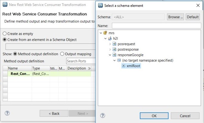 This image shows the dialog box that prompts you to select a schema element. It shows the schema objects stored in the Model repository and the parent element of the schema. 
					 