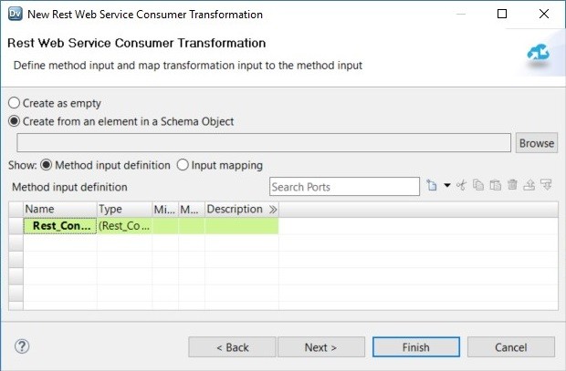 This image shows the dialog box to configure the method input for the REST Web Service Consumer Transformation. The option Create from an element in a Schema Object is selected. 
					 