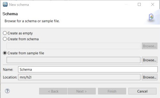 This dialog box shows the New schema wizard. The option Create from sample file is selected. 
					 