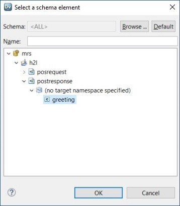 This image shows the dialog box that prompts you to select a schema element. It shows the schema object stored in the Model repository and the parent element in the schema object. The parent element for this schema object is greeting. 
					 