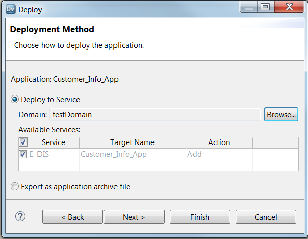 The Deployment Method dialog box has an option to deploy the application to a Data Integration Service or to export the application to an archive file. Employ to Service is enabled.
					 