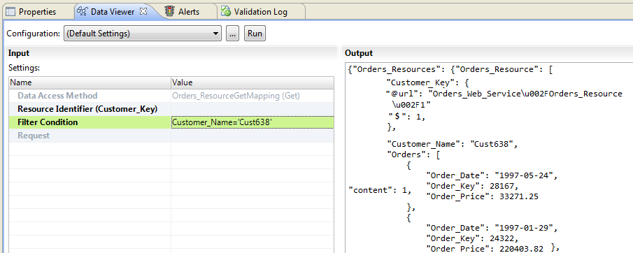 The Filter Condition value is Customer_Name='Cust638'. The Output panel shows a JSON file with the Customer_Key and Orders for Customer_Name Cust638. 
				  