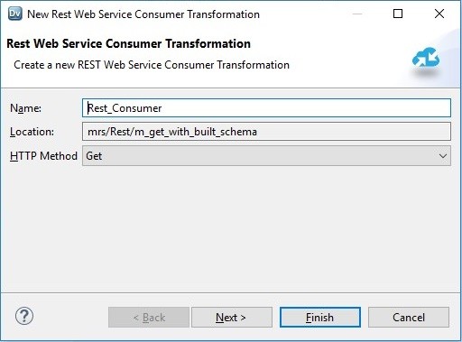 This image shows the wizard for the REST Web Service Consumer transformation. In this dialog box, you can configure the transformation name, the location, and the HTTP method. 
				  