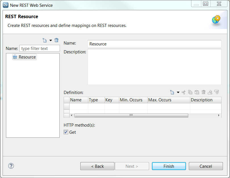 The New REST Web Service dialog box has a panel to list each resource you create. The dialog box show a default resource name called Resource. Beneath the Name is the description. The bottom panel is called Definition. You can enter elements to define the resource. Enter a name, type, key, minimum occurs, maximum occurs, and a description for each field. The default HTTP method is GET. The method is enabled by default. 
					 