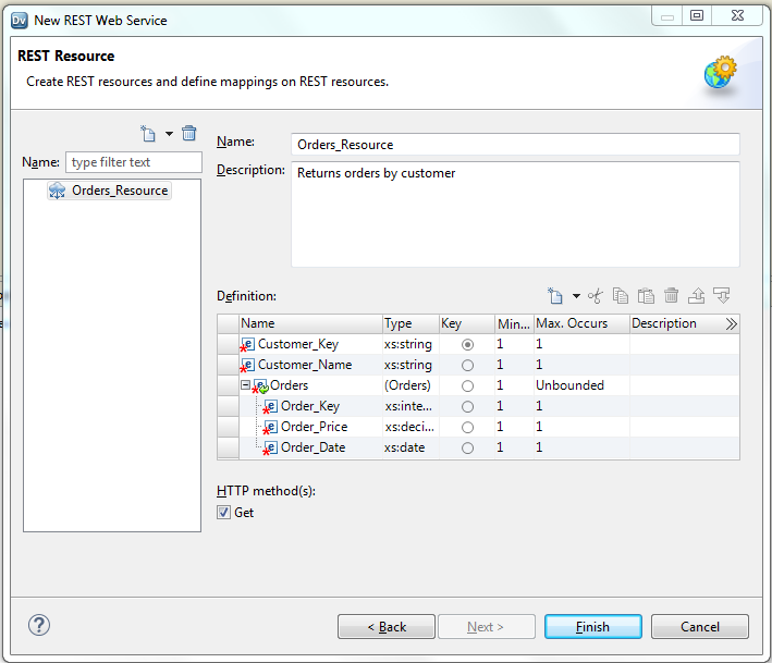 The screenshot shows the New Rest Web Service dialog box with the customer and order elements. Customer_Key and Customer_Name are the first elements. Beneath Customer_Name is an Orders element. Orders is multiple-occurring and is unbounded. Within the Orders element is the Order_Key, Order_Price, and Order_Date. 
				  