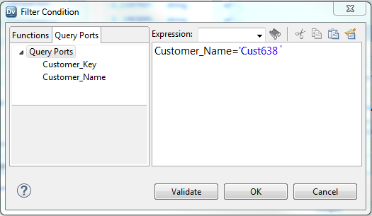 The Filter Condition dialog box shows the Customer_Key and Customer_Name query ports. The Expression panel has the following expression: Customer_Name='Cust638' 
				  