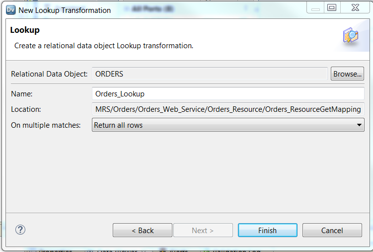 The New Lookup dialog has the following fields: Relational Data Object name, repository location, and an option to determine behavior when a lookup finds more than one row. 
				  