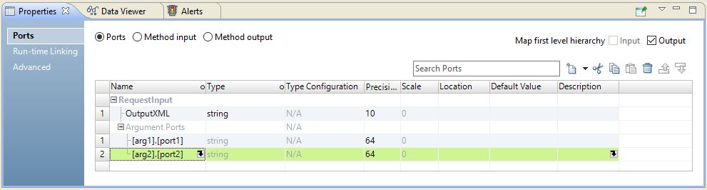 This image shows the Ports tab of the REST Web Service Consumer transformation. There are two argument ports nested under RequestInput. The first argument port has a value of arg1 and the second argument port has a value of arg2. 
					 