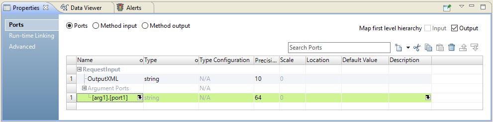 This image shows the Ports tab of the REST Web Service Consumer transformation. The URL port appears under the group RequestInput. 
					 