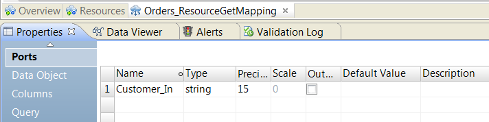 The Lookup transformation Ports view has one port called Customer_In. The port is a string with a precision 15. 
				  