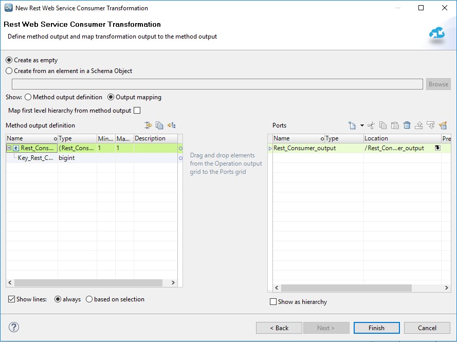 This screenshot shows an output mapping for the transformation. The options Create as empty and Output mapping are selected. In the output mapping, the Method output definition area is on the left and the Ports area is on the right. 
				  