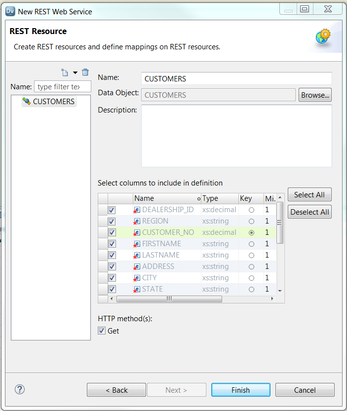 The New REST Web Service dialog box contains a selectoin arrow to choose how to create the resource. When you choose to create the resource from a data object, the fields in the data object appear in the dialog box. 
					 