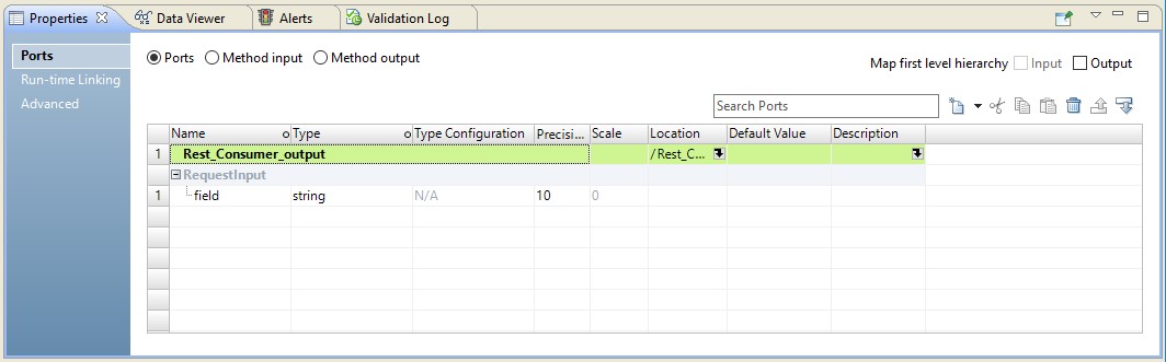 This screenshot shows the Ports tab of the transformation properties. The transformation output group is highlighted. 
				  