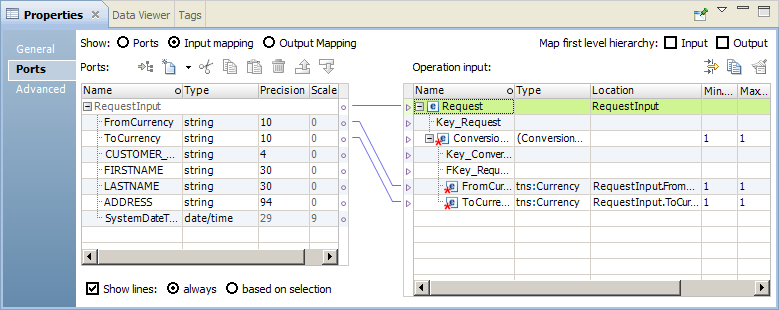 The Ports tab in the Properties view shows the input mapping. The Ports area on the left displays the transformation input ports. The Operation input area on the right displays the nodes that are mapped to input ports. 
		  