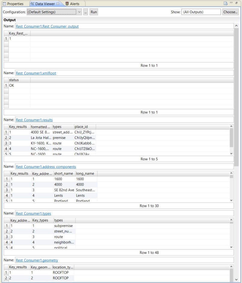 This image shows a response that you might receive. Each parent element is separated into a group that consists of its child elements. The data is parsed according to the element hierarchy. 
						