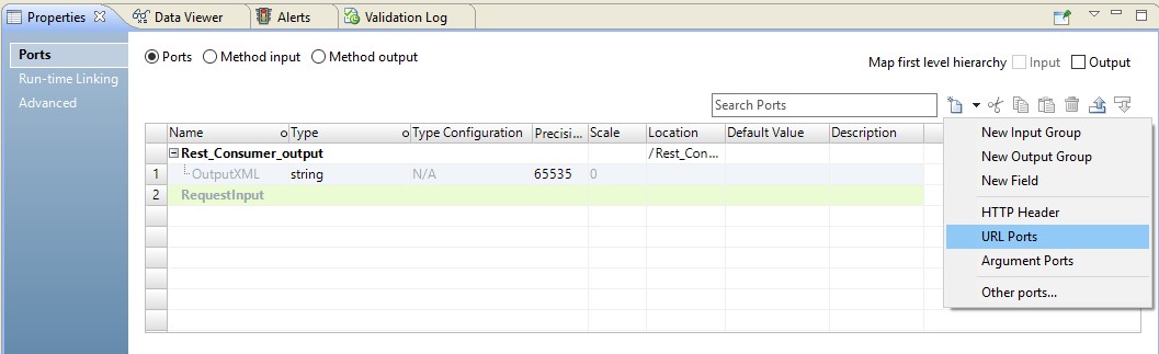 This image shows the Ports tab of the REST Web Service Consumer transformation. The RequestInput group is highlighted. New is selected and the drop-down menu is shown. In the drop-down menu, URL Ports is selected. 
				  