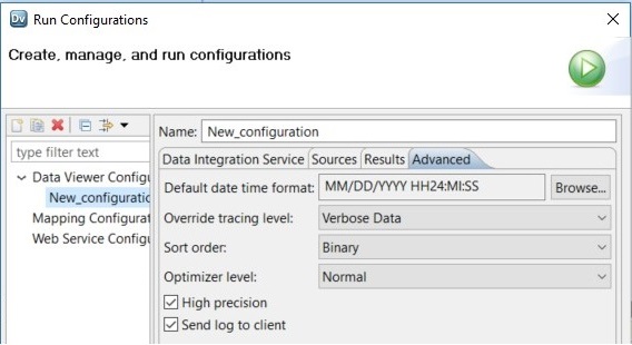 This image shows the Advanced tab of the mapping configuration properties. The Advanced tab includes the property Override tracing level. For the property Override tracing level, Verbose Data is selected. 
					 