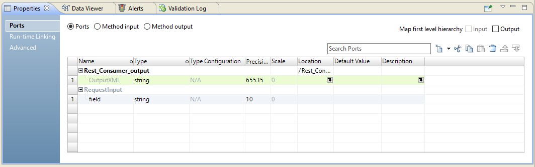 This image shows that after you create an Output XML port, the port is nested under the transformation output group. 
				  