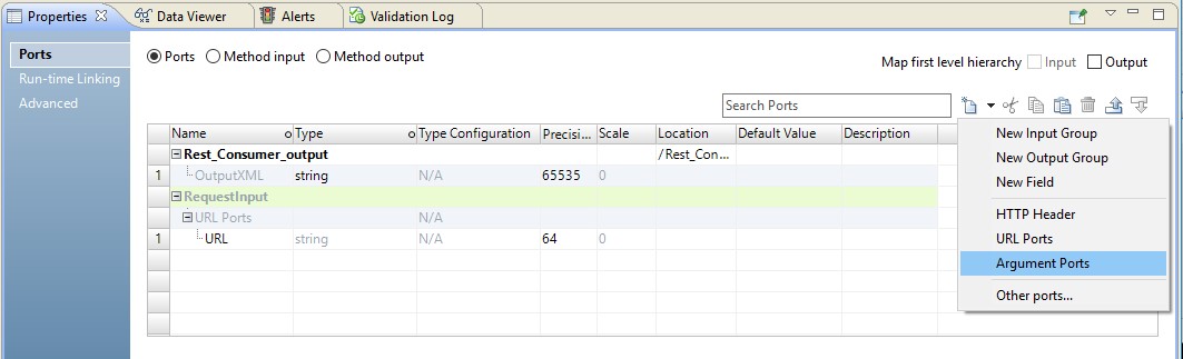 This image shows the Ports tab of the REST Web Service Consumer transformation. The RequestInput group is highlighted. New is selected and the drop-down menu is shown. In the drop-down menu, Argument Ports is selected. 
				  