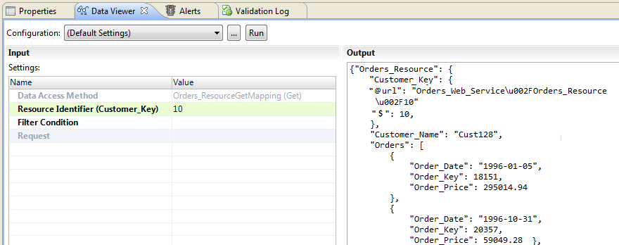 The Data Viewer view has an Input Settings panel and an Output panel. The Input Settings panel has the following settings: Data Access Method, with a value Orders_ResourceGetMapping (Get). Resource Identifier (Customer_Key) with the value 10. Filter Condition with no value. The Output panel shows a JSON file with the Customer_Key, Customer Name, and multiple-occurring orders. Each order has an order date, order key, and an order price. 
				  