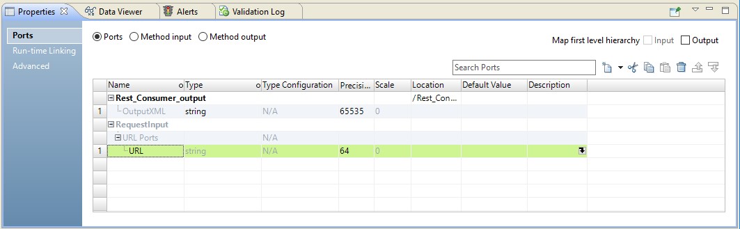 This image shows the Ports tab of the REST Web Service Consumer transformation. The URL port appears under the group RequestInput. 
					 