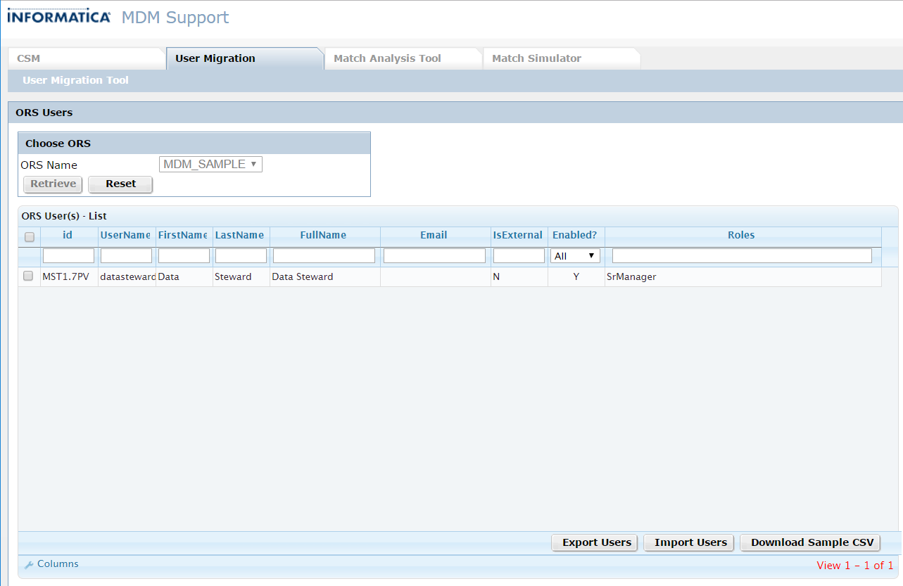 The User Migration tool is on the User Migration tab. The ORS Users section shows details for the users that are associated with the selected Operational Reference Store in the current MDM environment. 
		  